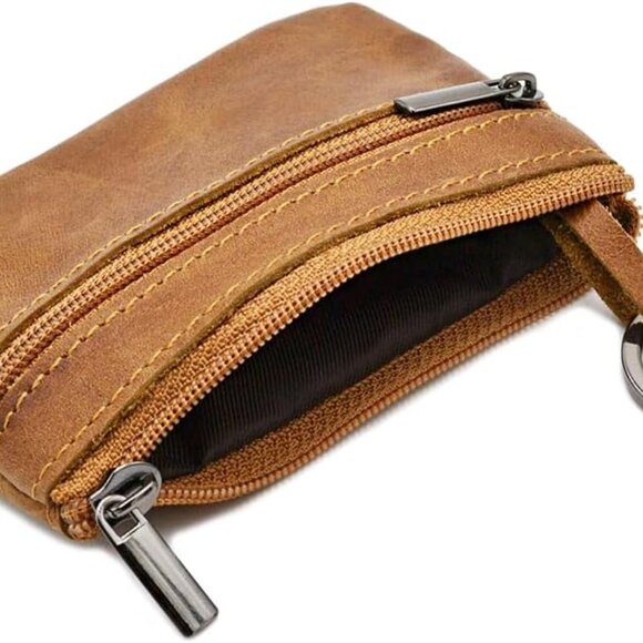 Women Genuine Leather Coin Pouch Zip Mini Purse Wallet Key Chain Double Zipper - Picture 6 of 7